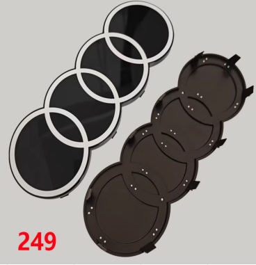 Original supplier front and rear mounting views of 2D-style front grille ring emblem, 249 mm width